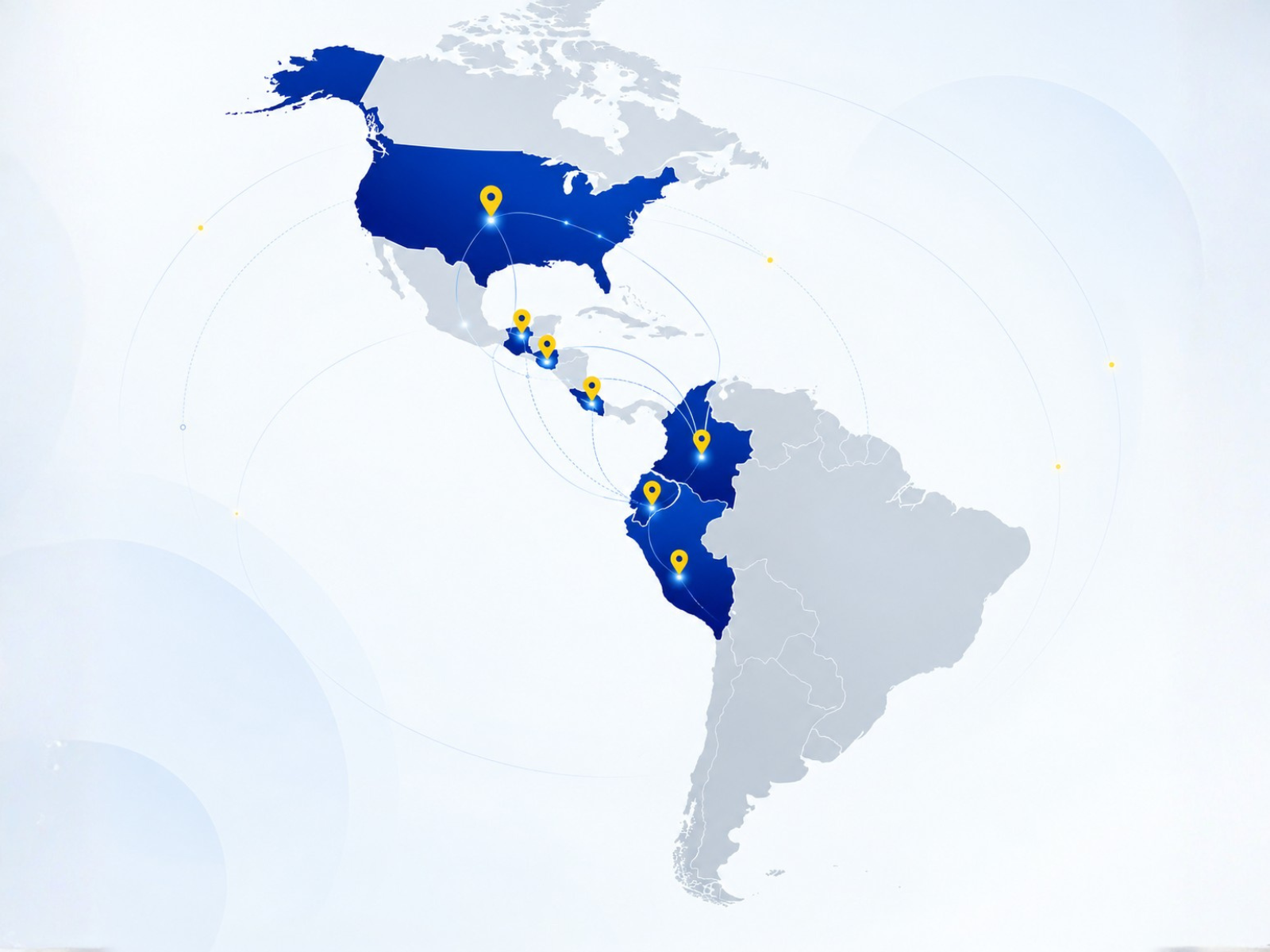 Mapa de América con presencia de BIG BOSS LATAM en Ecuador, Costa Rica, Guatemala, El Salvador, Perú, Colombia y Estados Unidos