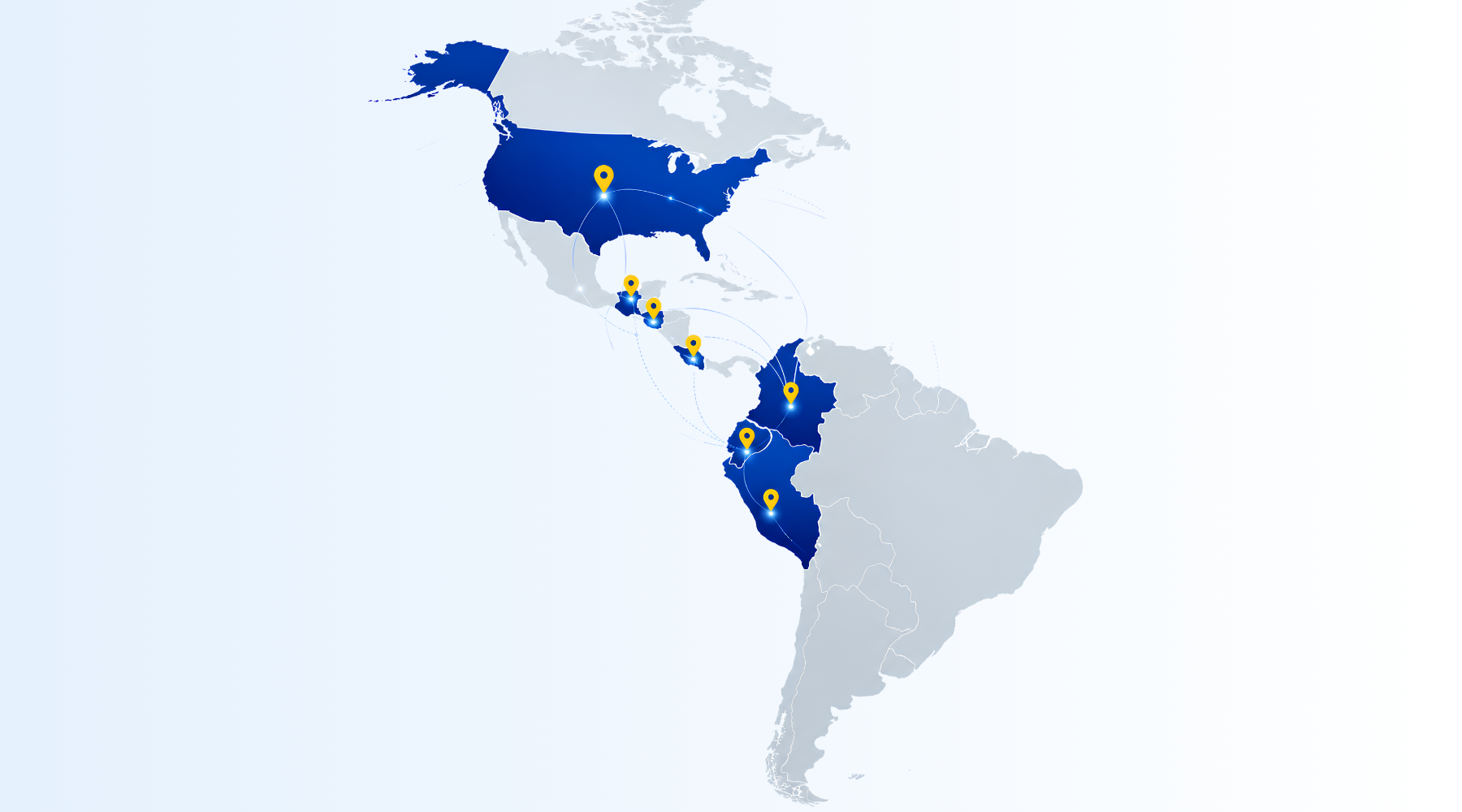 Mapa de presencia comercial de BIG BOSS LATAM en Estados Unidos, Guatemala, El Salvador, Costa Rica, Colombia, Ecuador y Perú
